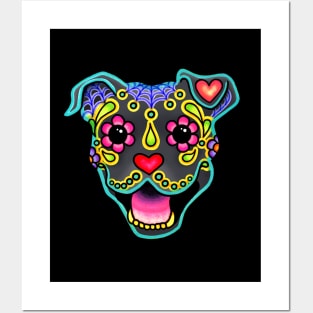 Smiling Pit Bull in Blue - Day of the Dead Pitbull Sugar Skull Dog Posters and Art